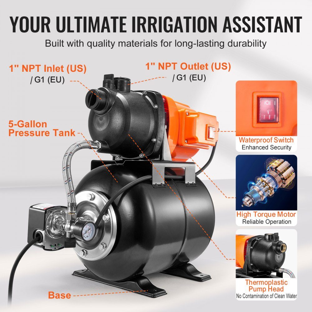 750 W Gartenpumpe, 3700 l/h automatische Bewässerungspumpe mit 50 m Förderhöhe, Kreiselpumpe mit 20/40 PSI Druckschalter, Flachbrunnenpumpe, thermoplastischer Pumpenkopf für Hausgarten und Rasen