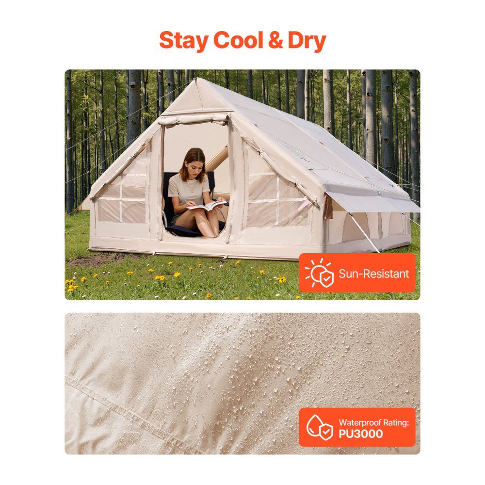Opblaasbare kampeertenten 4 x 3 x 2 m 5-8 personen 300D Oxford glamping tent met kachelpoort, handpomp, 2 deuren en 4 gaasramen, inclusief opbergtas voor gemakkelijk transport