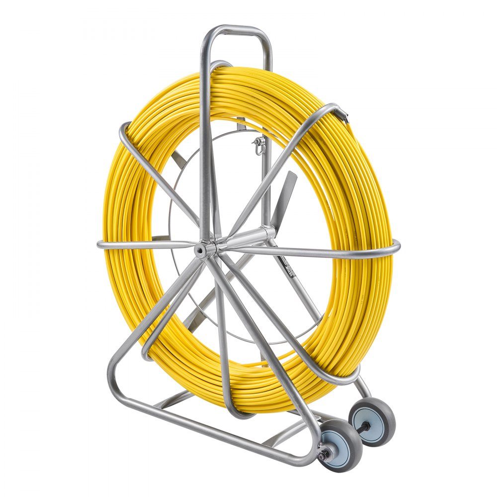 Retractable Tape 200m 5/16" Pipe Puller Retractable Tape Wire Puller Cable Management Rod with Steel Reel Stand 3 Pull Heads Fishing Tool for Walls and Electrical Wires Non-Conductive