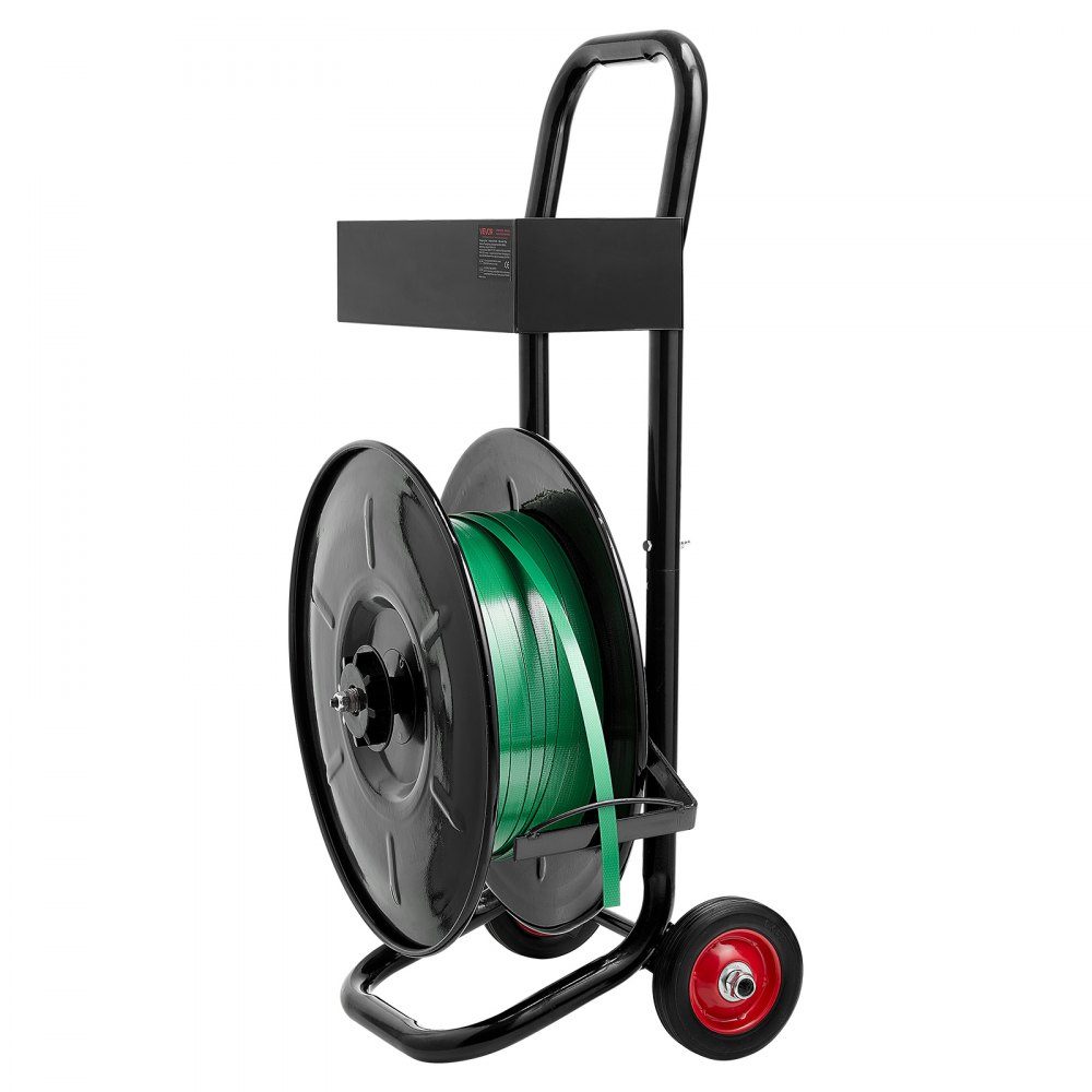 Dispenser, suitable for PET/PP/polyester strapping rolls with 203 mm core size, strapping dispenser with improved braking system, integrated spacious storage space for tools