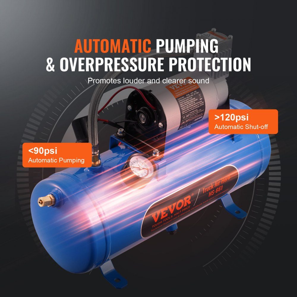 Compresseur d'air 12 V avec réservoir 6 L, kit de compresseur d'air pour klaxon de train, pression de fonctionnement 90-120 psi, système de compresseur d'air intégré pour klaxons d'air de train, gonflage de pneus, camions, SUV, etc. Bleu