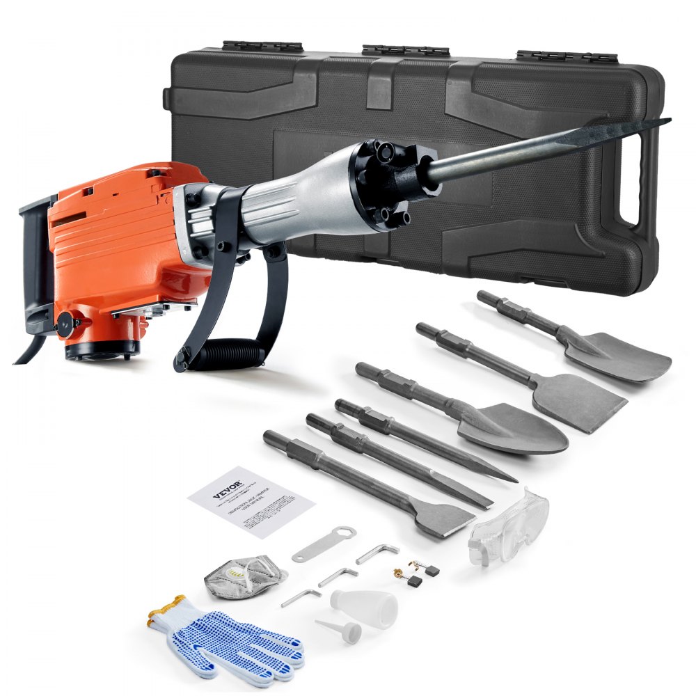 Hochleistungs-Betonbrecher, Abbruchhammer 2200 W, elektrischer Abbruchhammer, Bohrhammer, Betonhammer, Stemmhammer 1400 BPM, inklusive 6 Meißel, Spitzmeißel, Flachmeißel, Schabmeißel für Schiefer, Beton usw