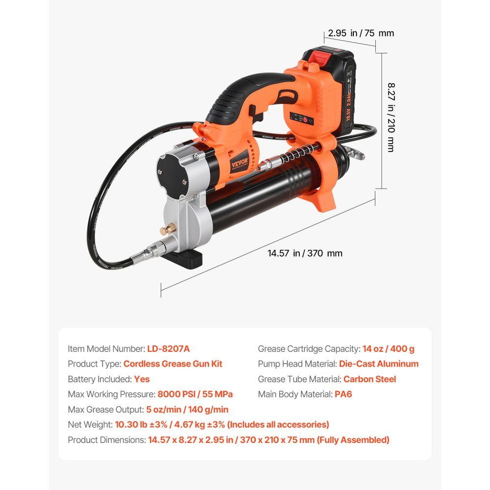 Akku-Fettpresse, 55 MPa, Einhand-Fettpresse mit 2,0-Ah-Akku und LED-Licht, 76,2 cm Schlauch und Tragetasche, Auslöser, kompatibel mit 18-V-Makita-Batterien, zum Schmieren von Fahrzeugen oder Maschinen