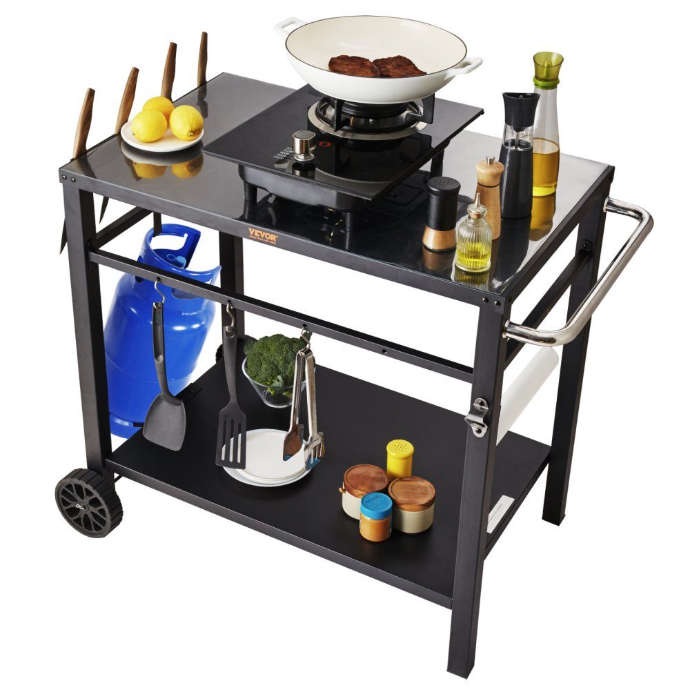 Serving Trolley, Kitchen Trolley, 100 x 64 x 83.5 cm, Outdoor Barbecue Dining Trolley with Double Shelf, Movable Barbecue Table for Food Preparation, Multifunctional Black Iron Table Top