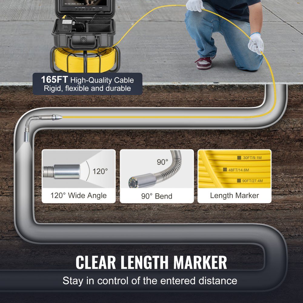 Sewer Camera, 50m Self-Leveling Pipe Inspection Camera with 9" 1080P HD Screen, 36X Zoom, Waterproof IP68-Rohrkamera with Lights-12 LED, 32GB Card Borescope for Sewer Pipes