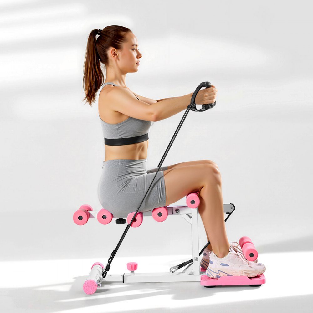 Deep Squat Machine, Adjustable Glute Trainer with 3 High Strength Resistance Bands, Folding Core and Glute Trainer, Push Up Exerciser for Home Gym, Pink + White