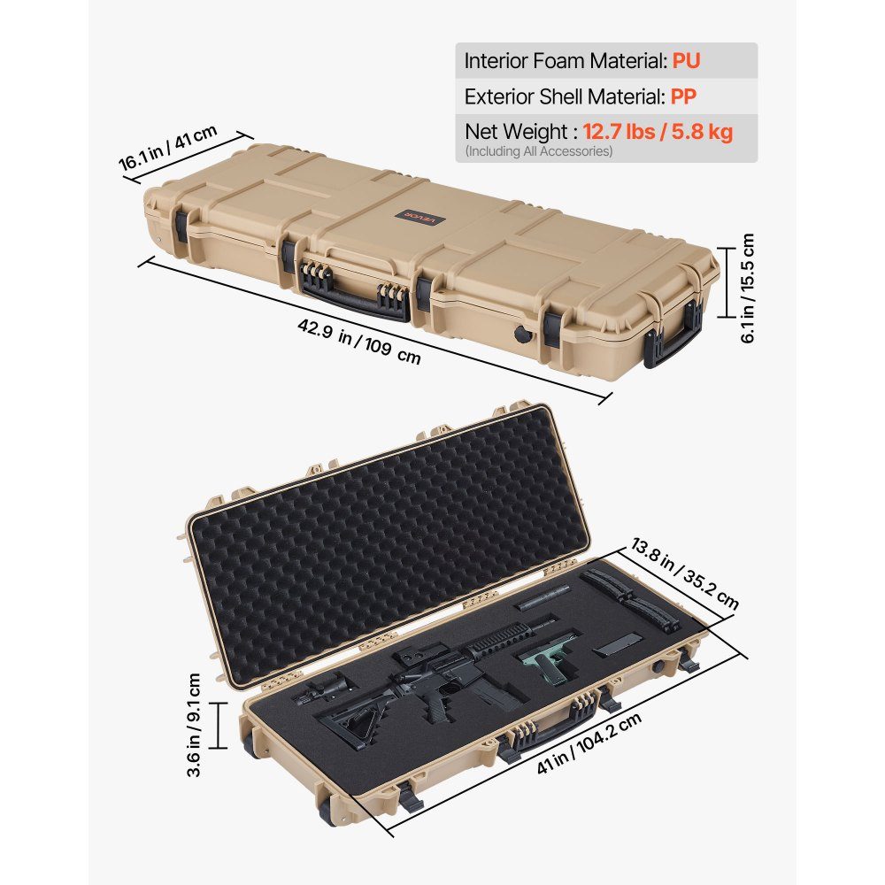 Waffenkoffer mit Hartschale für Langwaffen, abschließbarer Waffenkoffer mit vorgeschnittenem Schaumstoff, Langwaffenkoffer, Waffenaufbewahrung, rollbar, IP67 wasserdicht, 109 x 41 x 15,5 cm, Khaki
