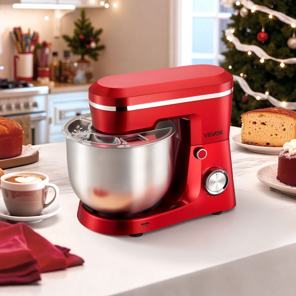 Knetmaschine Küchenmaschine zum Backen, 1500-W-Teigmaschine mit Edelstahlschüssel (5,7 l) & Knethaken & Rührbesen & Schneebesen, 10-Gang-verstellbarer Kippmixer Standmixer