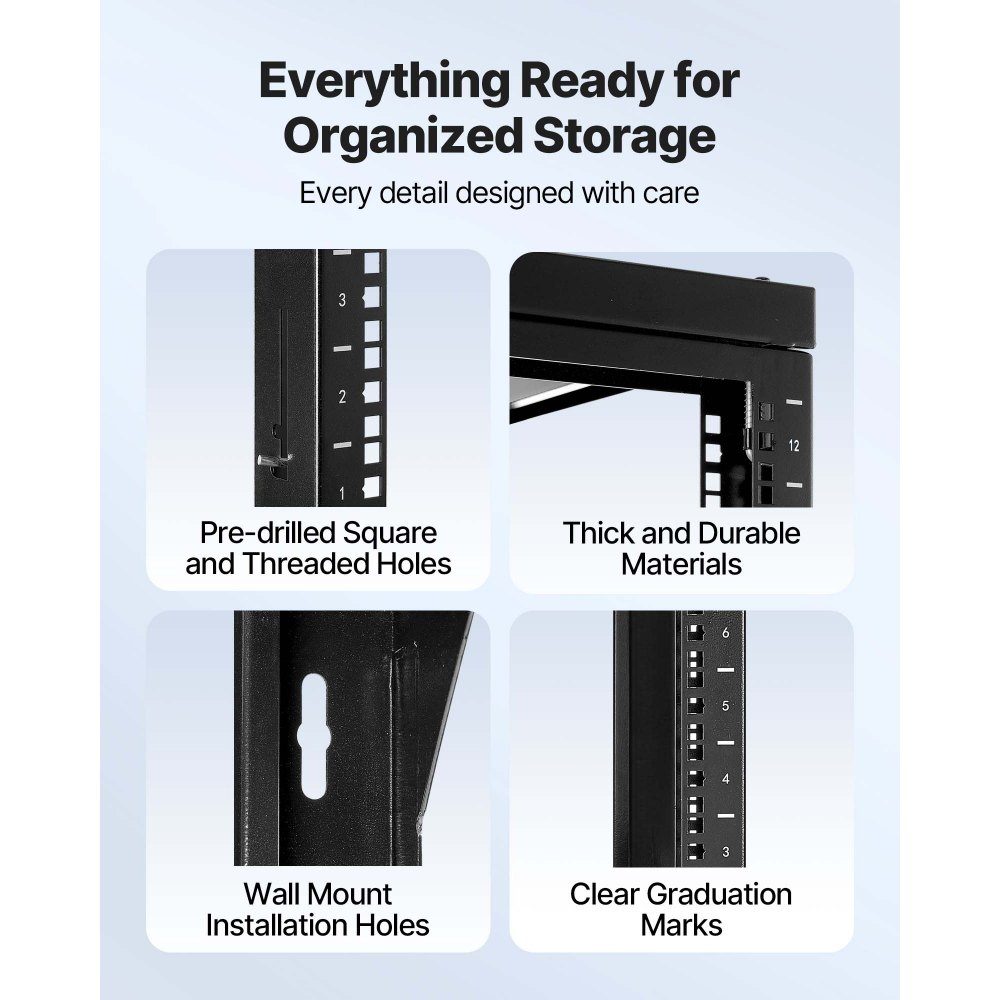 12U Wall Mount Server Rack 150 Pound Maximum Load Capacity Open Frame Network Rack und 180-Grad-Swivel Door Carbon Steel for 19" IT Network Equipment and AV Equipment Computer Server Black