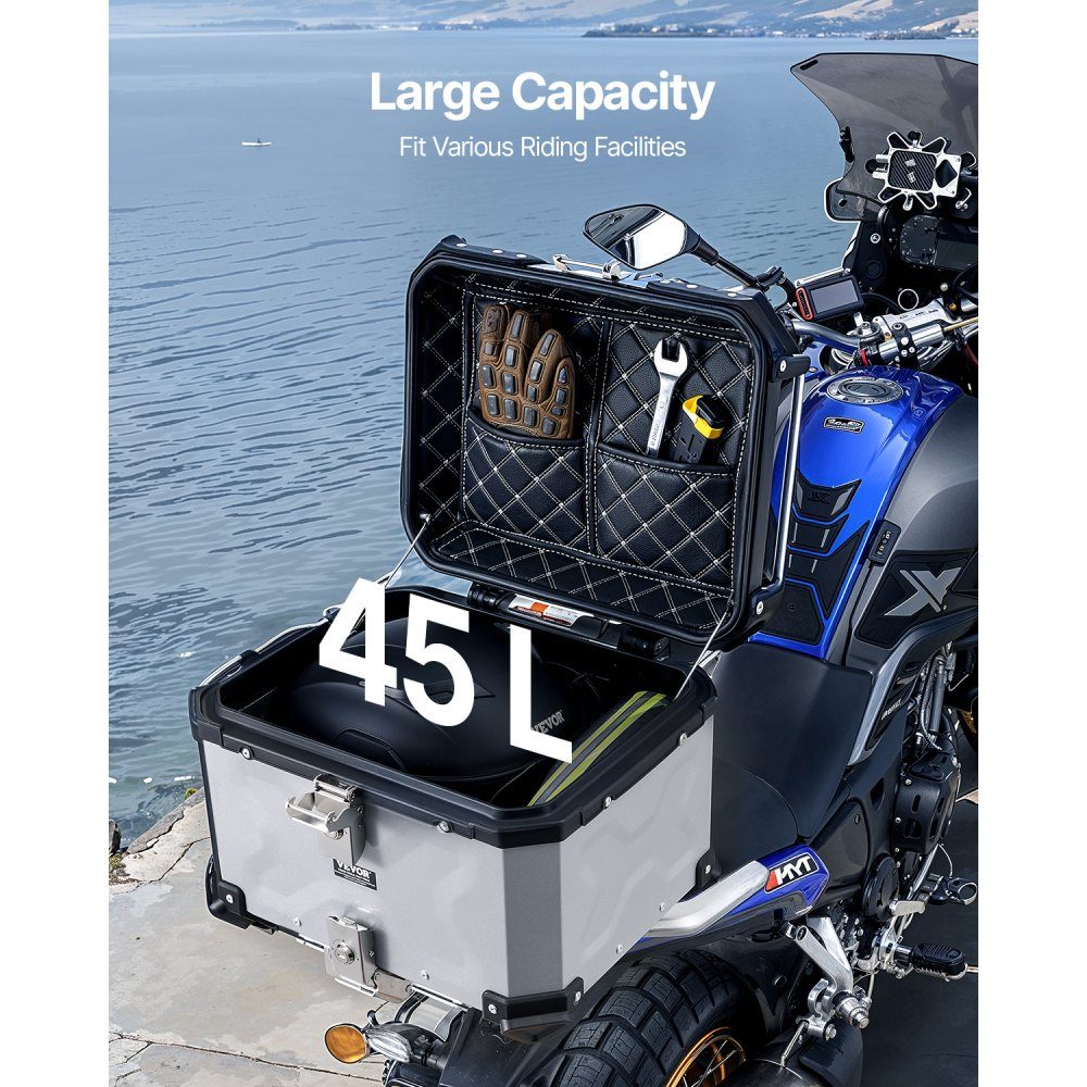 Motorrad-Topcase, Motorradkoffer, 45 l, Heckbox aus Aluminiumlegierung mit Lederfutter, abnehmbare Motorrad-Topbox mit Schloss und Rückenpolster, Helmkoffer (435 x 378 x 348 mm), Silber