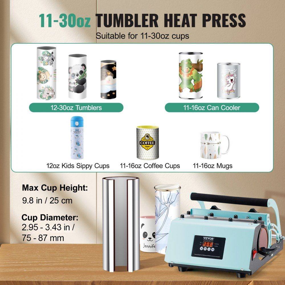 Tumbler Heat Press, 11-30oz mokpers, snelle en gelijkmatige verwarming, tuimelaarpers met sublimatiepapier, tape en handschoenen, temperatuur- en tijdinstelling, voor sublimatiemokken, kopjes, mokken, groen