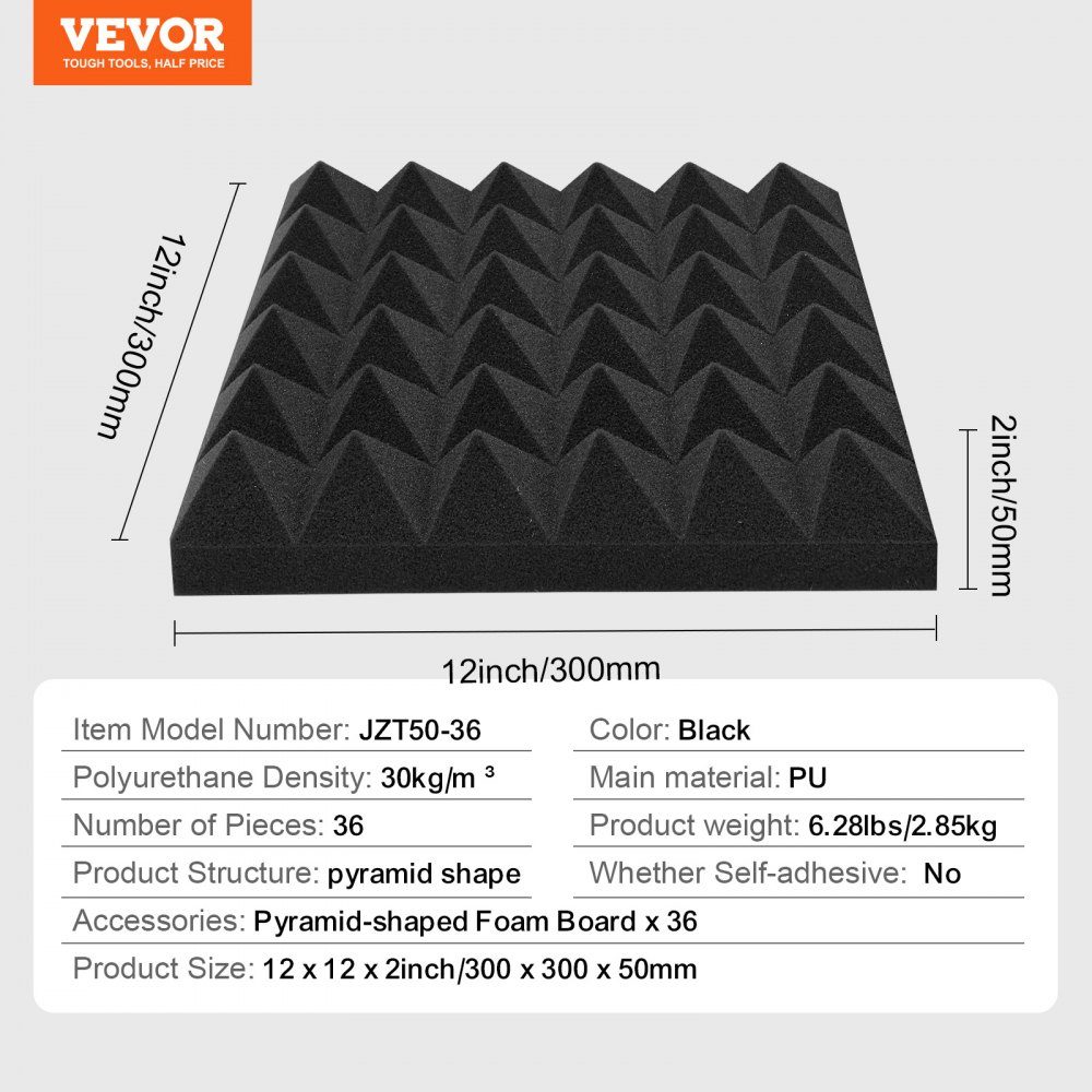Akoestische schuimpanelen, set van 36, 300x300x50mm, piramidevormige geluiddichte wandpanelen, akoestische panelen, akoestische schuimmatten voor studiowanden en plafonds, zwart