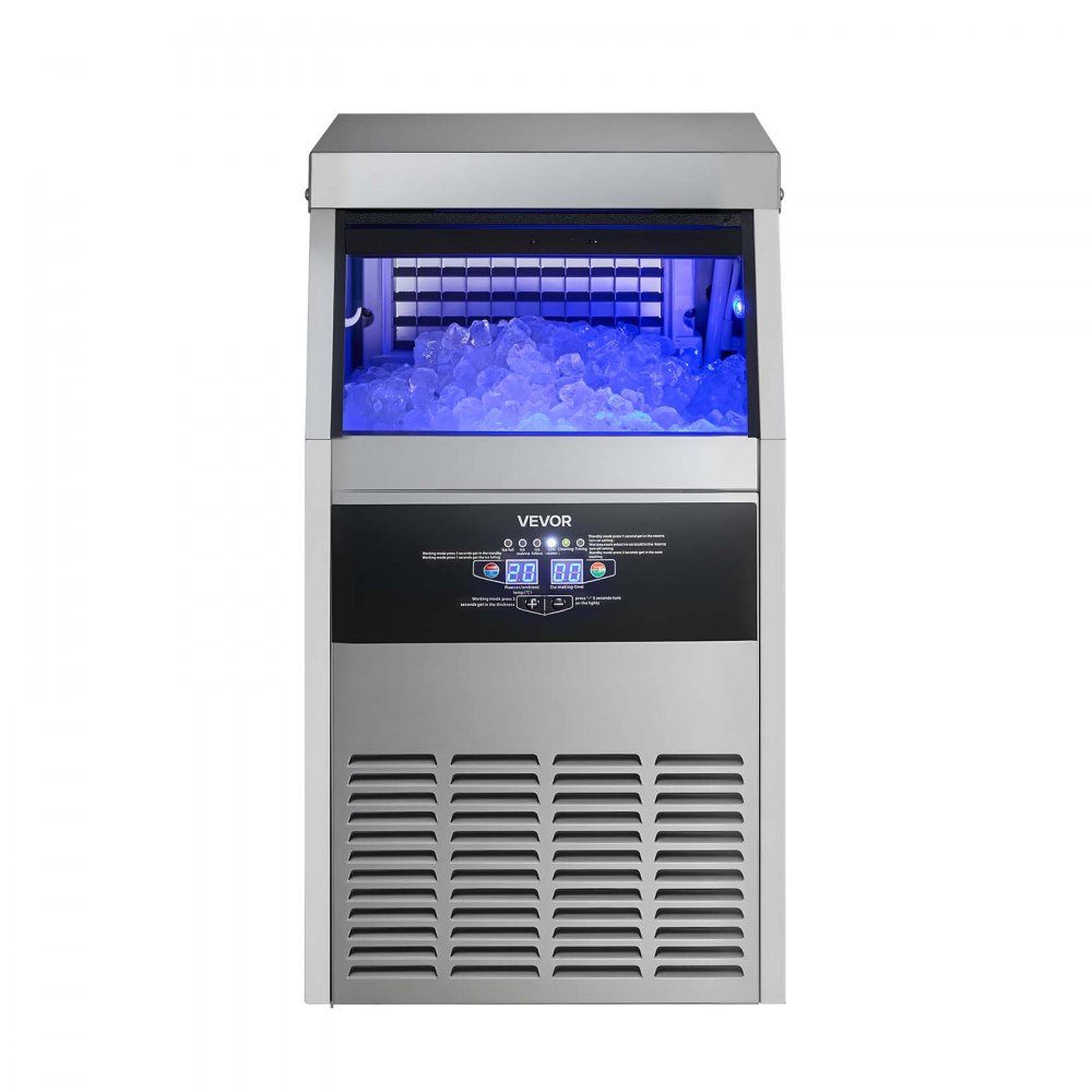 Machine à glaçons commerciale, machine à glaçons 59 kg/jour avec bac de stockage de glace de 14 kg, machine à glaçons autoportante en acier inoxydable avec affichage LED, autonettoyante, idéale pour la maison, bar, restaurant, café