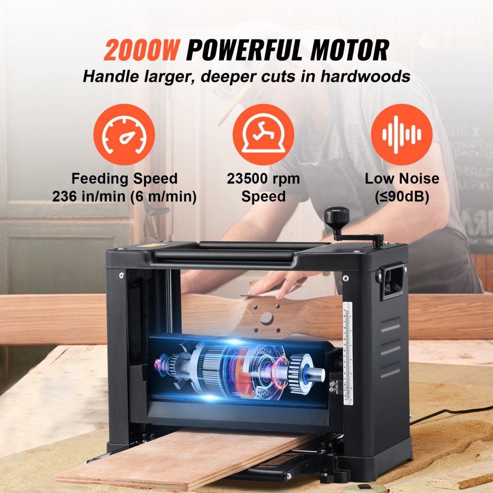 Dikteschaaf 1800 W met 2 HS-schaafmessen, werktafel 330 mm breed Max. snijdikte 15 cm schaafmachine Ideaal voor houtbewerking voor timmerlieden, doe-het-zelvers en decorateurs Dikteschaaf 1800 W met 2 HS-schaafmessen, werktafel 330 mm breed Max. snijdikte 15 cm schaafmachine Ideaal voor houtbewerking voor timmerlieden, doe-het-zelvers en decorateurs