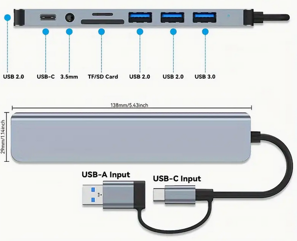 3.0 High Speed ​​USB-C Hub 8 in 1 USB Splitter PC MAC Tablet