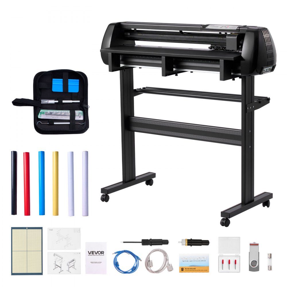 Vinyl cutting machine with 87 cm maximum feed width, double knives and LED display, adjustable vinyl cutting plotter set with sticker sheets, transfer films and Signmaster software