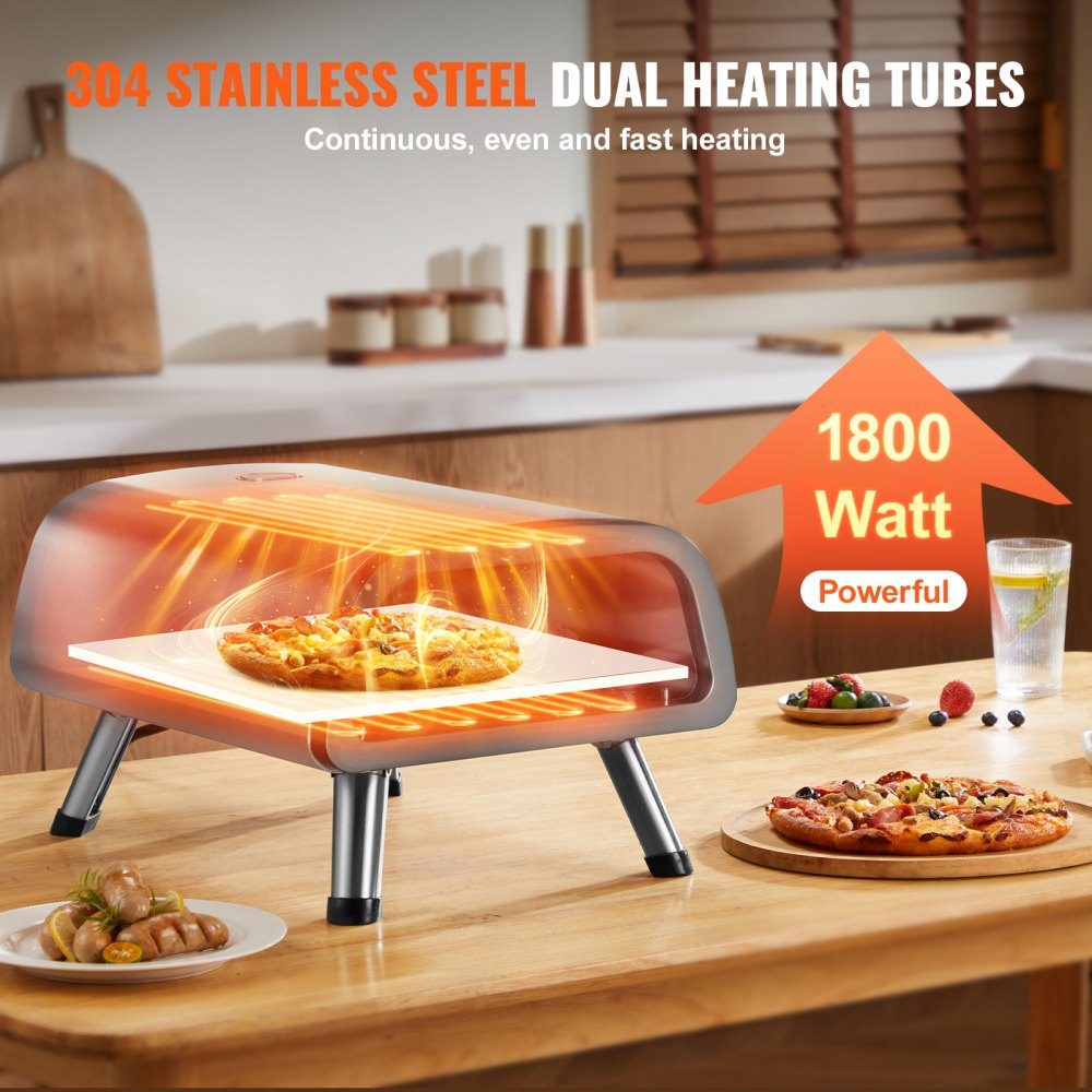 Elektrische pizzaoven, oven 305 mm, roestvrijstalen pizzamaker met pizzasteen, spatel, dubbele knop, verwarmt tot 427°C, multifunctionele pizzaoven voor het bakken van pretzels in een restaurant thuis