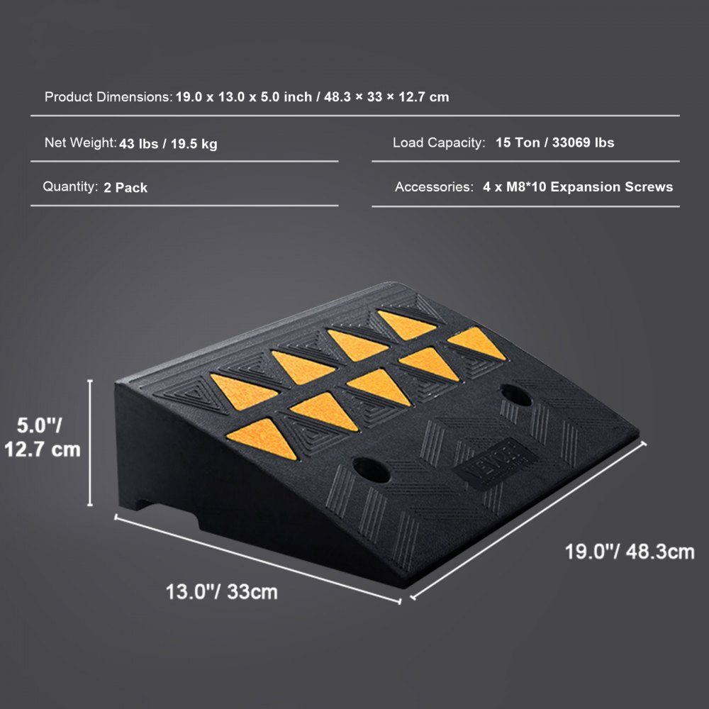 2 x Threshold Ramp, Solid Rubber Door Threshold Ramp, Maximum Load up to 15 Tons, Curb Ramp, 48.3 x 33 x 12.7 cm, Wheelchair Ramp, Access Ramp, Rubber Ramp, Ideal for Uneven Floors, Curbs