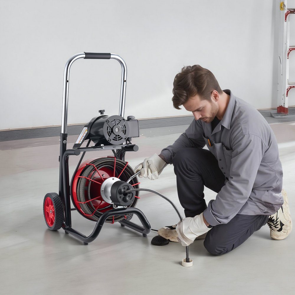 Machine à nettoyer les tuyaux φ10,5 mm x 30 m, spirale de nettoyage à roulettes, avance automatique, 8 lames coupantes et pédale pneumatique, cure-pipe pour diamètres de tuyaux de 50 à 100 mm