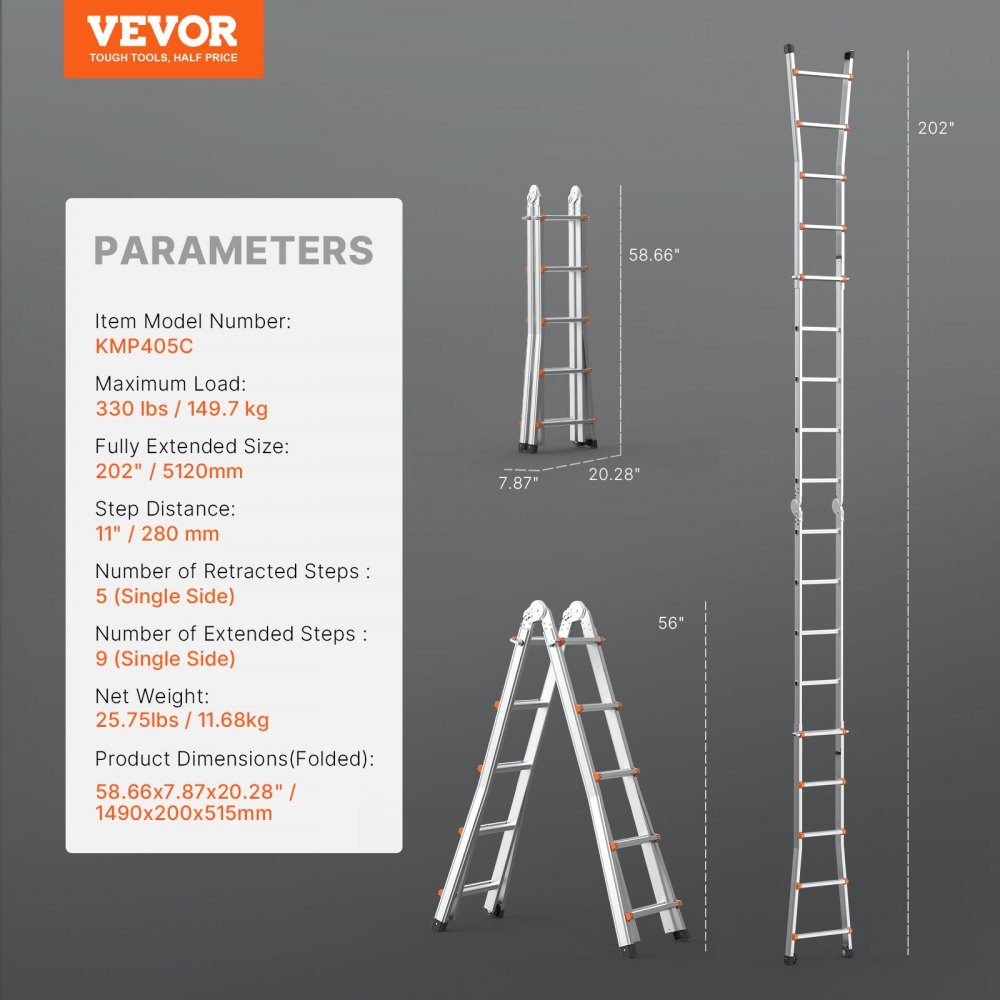 Telescopic A-Frame Ladder 5120mm Compact Aluminum Extension Ladder Multifunctional Folding RV Ladder for Homework Stairs Indoor Outdoor Roofs 150kg Load Capacity