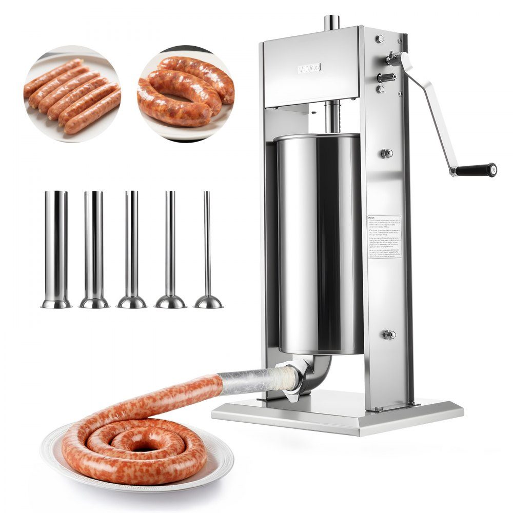 Manueller Wurstfüller 15 L, vertikale Wurstfüllmaschine mit 2 Geschwindigkeiten (schnell/langsam) & 5 Füllrohren & Griff, Fleischfüller aus Edelstahl für den gewerblichen & privaten Einsatz