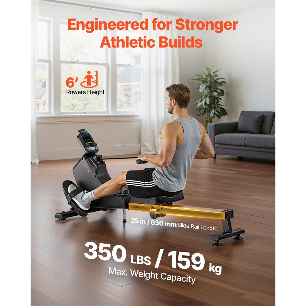 Quiet Magnetic Rowing Machine with 16 Resistance Levels, Foldable Home Rowing Machine with Smooth Pulley Design and LCD Monitor, Bluetooth App Compatible, 158kg Load Capacity