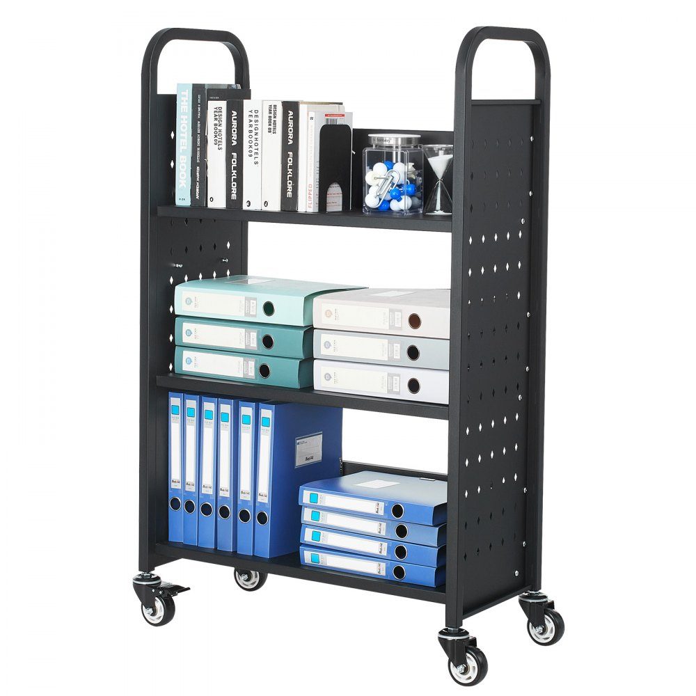 Bücherwagen, 150 kg Tragkraft, Bibliothekswagen, 77 x 38 x 122 cm, einseitiges L-förmiges Bücherregal mit Doppelbremsrädern, Bücherregalwagen für Wohnzimmer, Büro, Schule, Schwarz