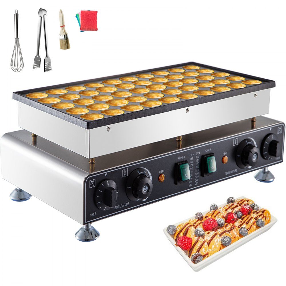 50 Pièces Mini Crêpière, Dorayaki Baker en Acier Inoxydable Antiadhésif, 1800W Poffertjes Électrique Commerciale, Double Contrôle de Température et de Temps, pour Restaurant