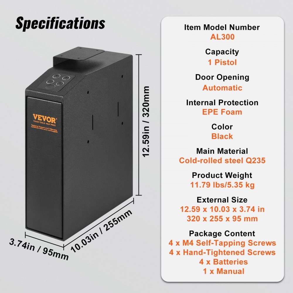 Gun Safe, Wall Mounted Gun Safe, 1 Gun, Gun Safe for Fingerprint, Key or Password, Cold Rolled Steel Gun Safe, 320 x 255 x 95mm, Gun Cabinet Wall Safe