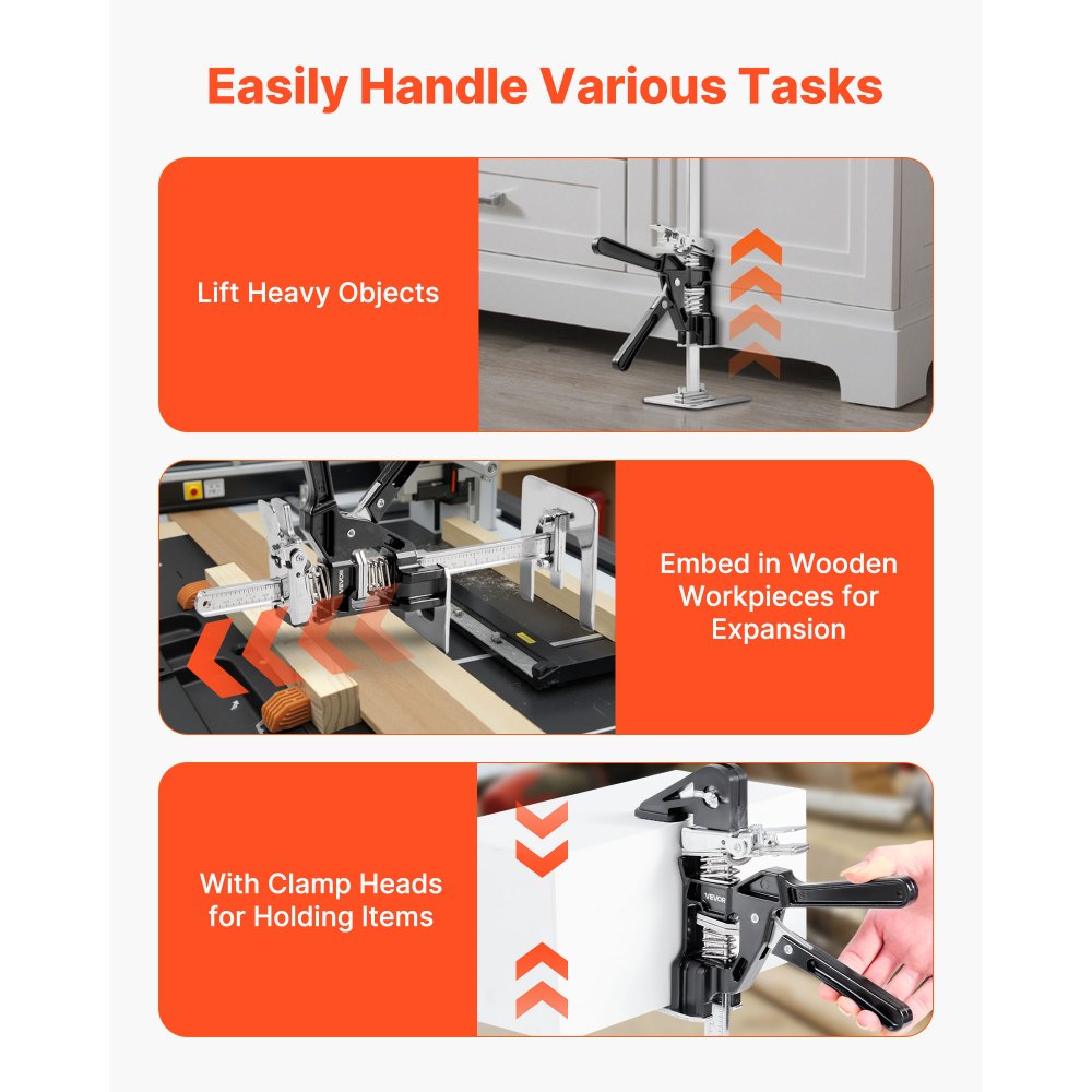 Arbeidsbesparende armheffer, 2 stuks, 120 kg laadvermogen, heffen tot 165 mm, handheffer met magnetische waterpas, 2 aanpassingsmodi, voor deuren, ramen, meubels, houtbewerking, zwart