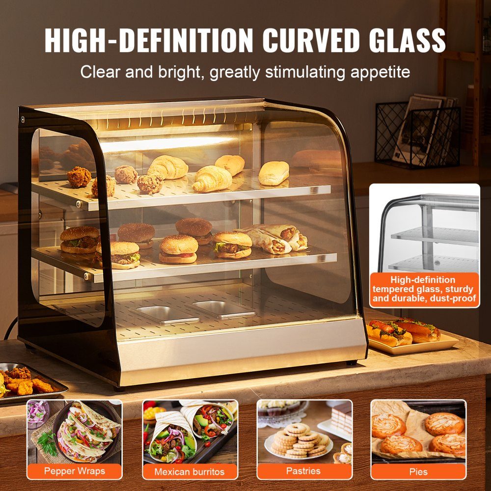 2 Stage Commercial Food Warmer, 850W Food Warmer with Tempered Glass and Steam Heater, Temperature Control from 30°C to 85°C, 111L Large Capacity for Hamburger, Pizza, Bread, Chicken