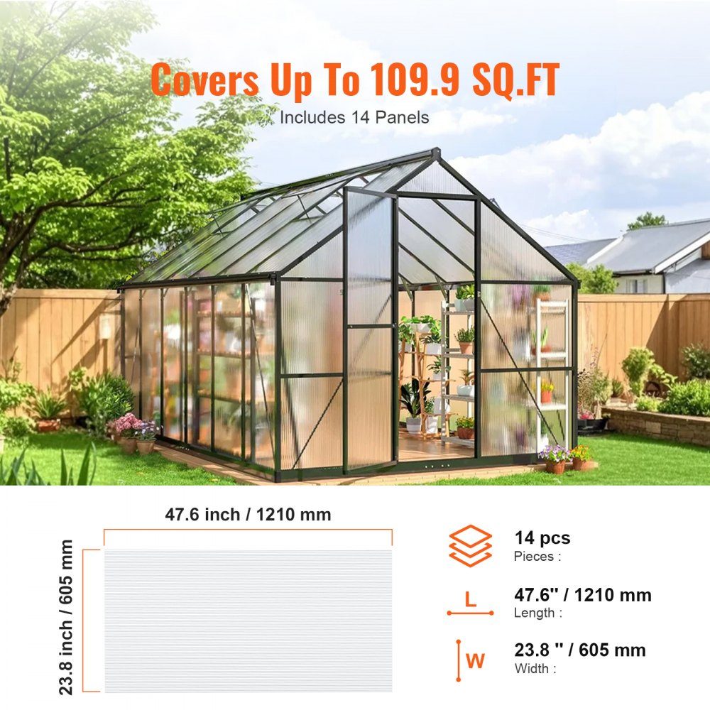 Set van 14 polycarbonaat kaspanelen, 1210 x 605 x 8 mm meerwandige panelen, waterdichte UV-beschermde gegolfde holle kamerpanelen, slagvaste transparante dakpanelen voor kas/tuin