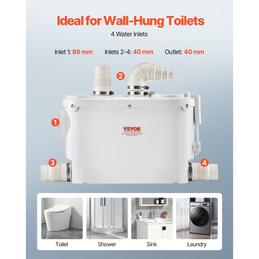 Waste water lifting system 500 W, 6600 l/h flow, 8 m delivery height, waste water pump 2900 rpm with 3 water inlets for cellar, kitchen, sink, shower, bathtub, laundry wastewater disposal, dishwasher