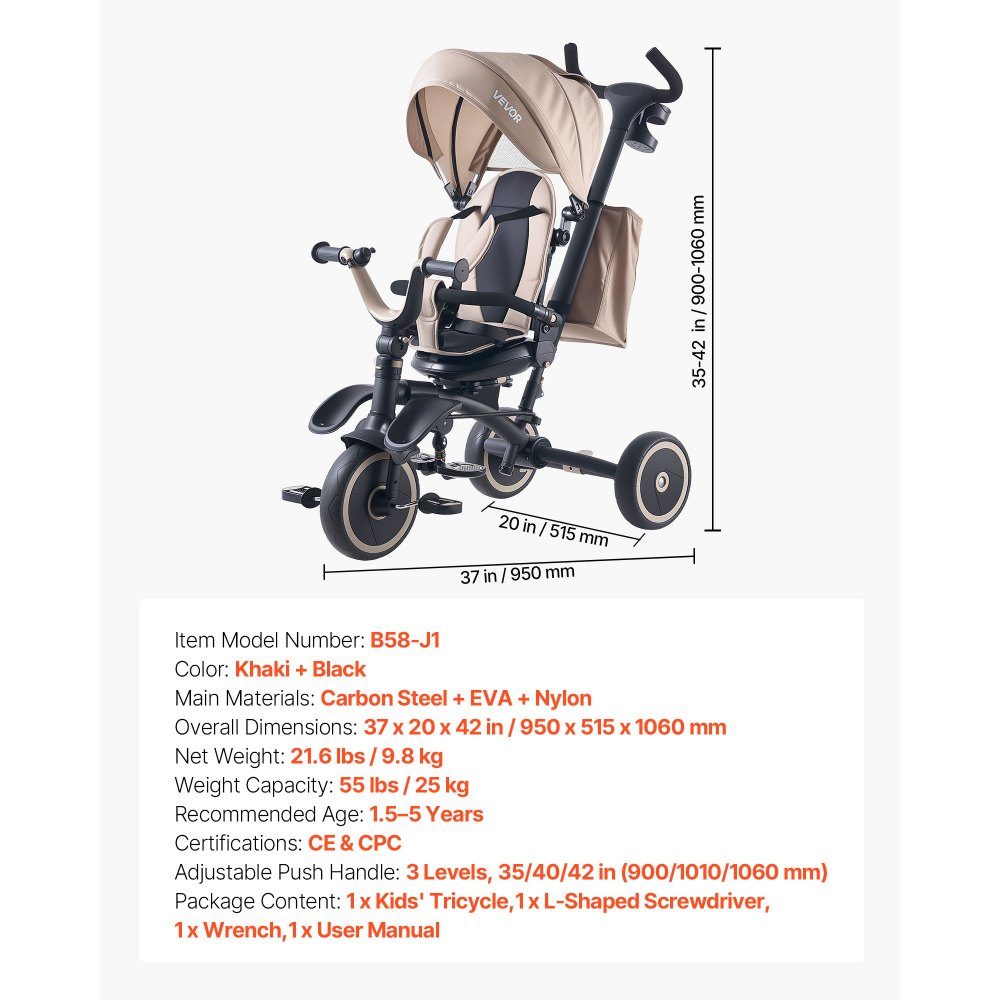 Dreirad für Kinder im Alter von 1,5 bis 5 Jahren, Laufrad mit Schiebestange, klappbarem Verdeck, drehbarem Sitz und Aufbewahrungstasche, Kinderdreirad als Geschenk für Jungen und Mädchen, Khaki + Schwarz