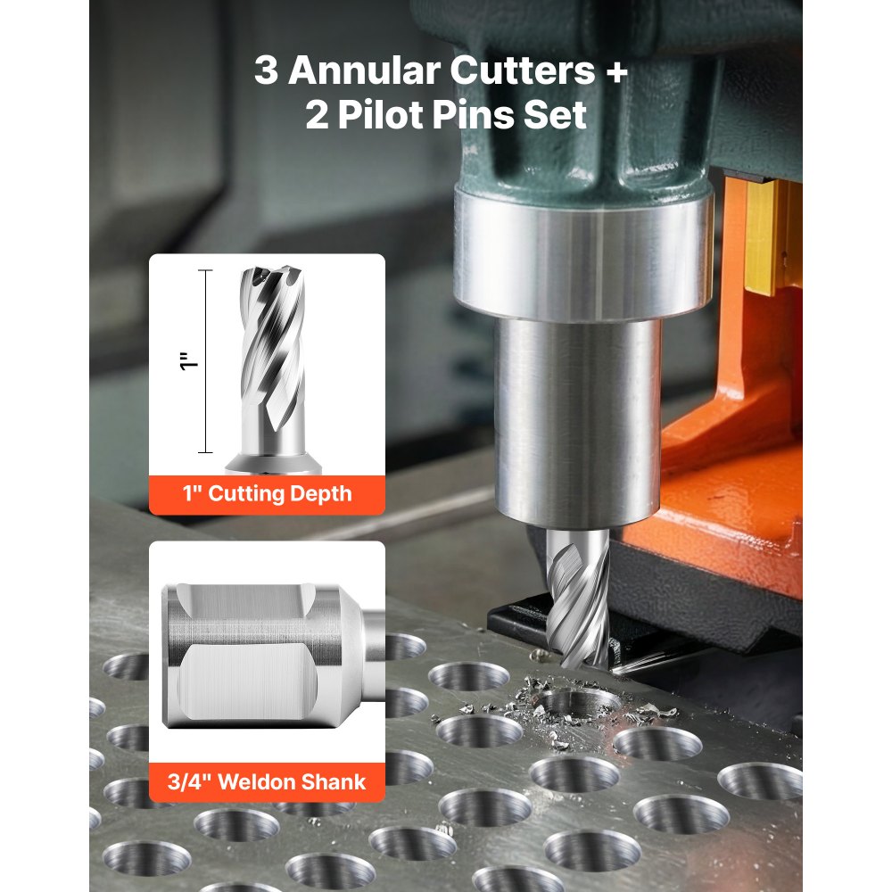 Carottier HSS tige Weldon 5 pcs. Perceuse magnétique diamètre de coupe 25,4 mm, 3 forets avec 2 goupilles de centrage, profondeur de coupe 25,4 mm, 3 coffrets plastique pour perceuses magnétiques, acier, aluminium