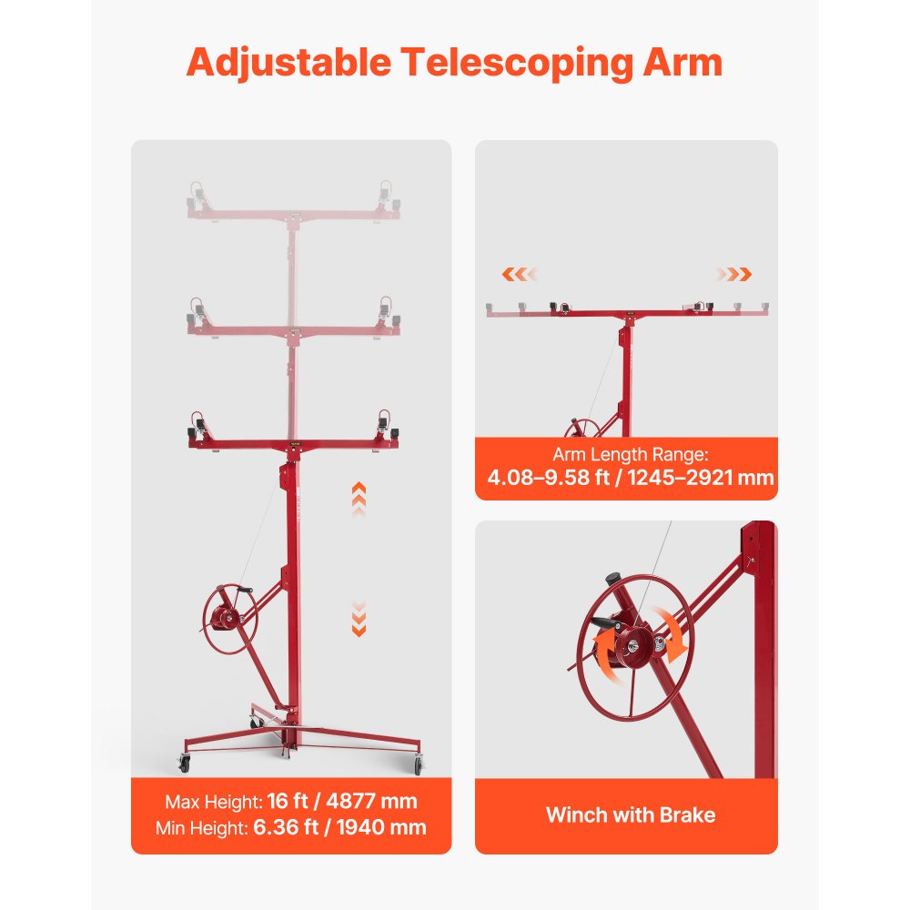 Plattenheber bis max. 68 kg, 4877 mm Höhe, Gipskartonheber mit verstellbarem Teleskoparm, Gipskarton, Trockenbauheber, Plattenheber, Hebezeug, Werkzeug, für Decken- und Wandmontage (rot) Plattenheber bis max. 68 kg, 4877 mm Höhe, Gipskartonheber mit verstellbarem Teleskoparm, Gipskarton, Trockenbauheber, Plattenheber, Hebezeug, Werkzeug, für Decken- und Wandmontage (rot)