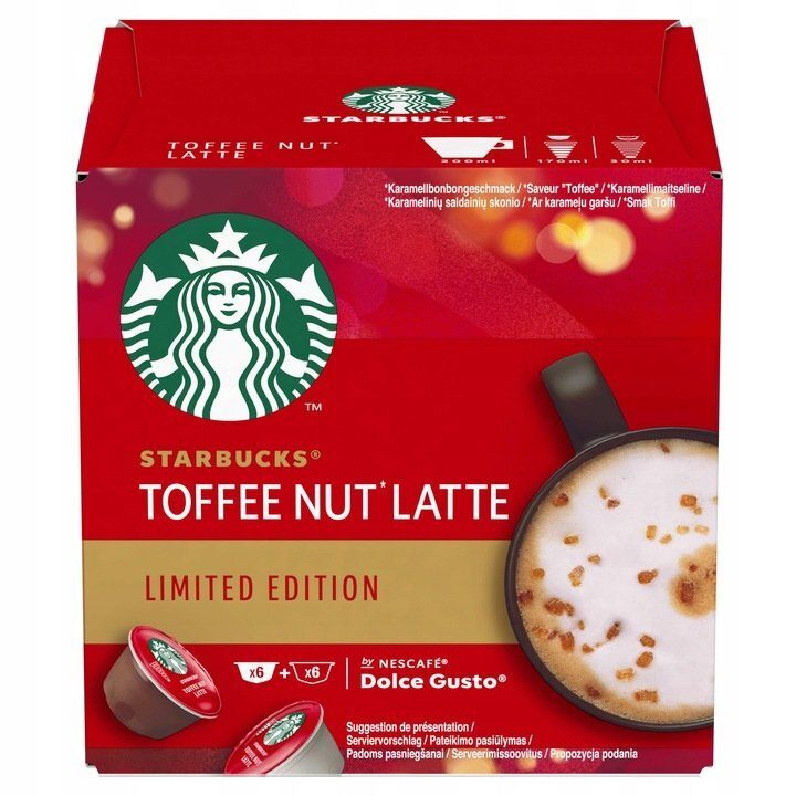 Starbucks Toffee Nut Latte Limited Edition for Nescafe Dolce Gusto capsules in a pack of 6 of 12 capsules