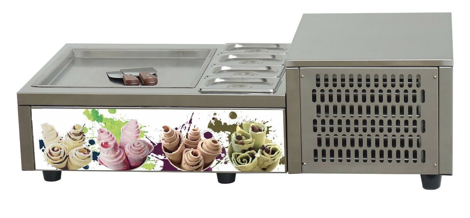 Rollenijsmachine, ijsbroodjesmachine, gebakken ijsmachine, ijsrolletjes, Thais ijs, ijsrolletjes