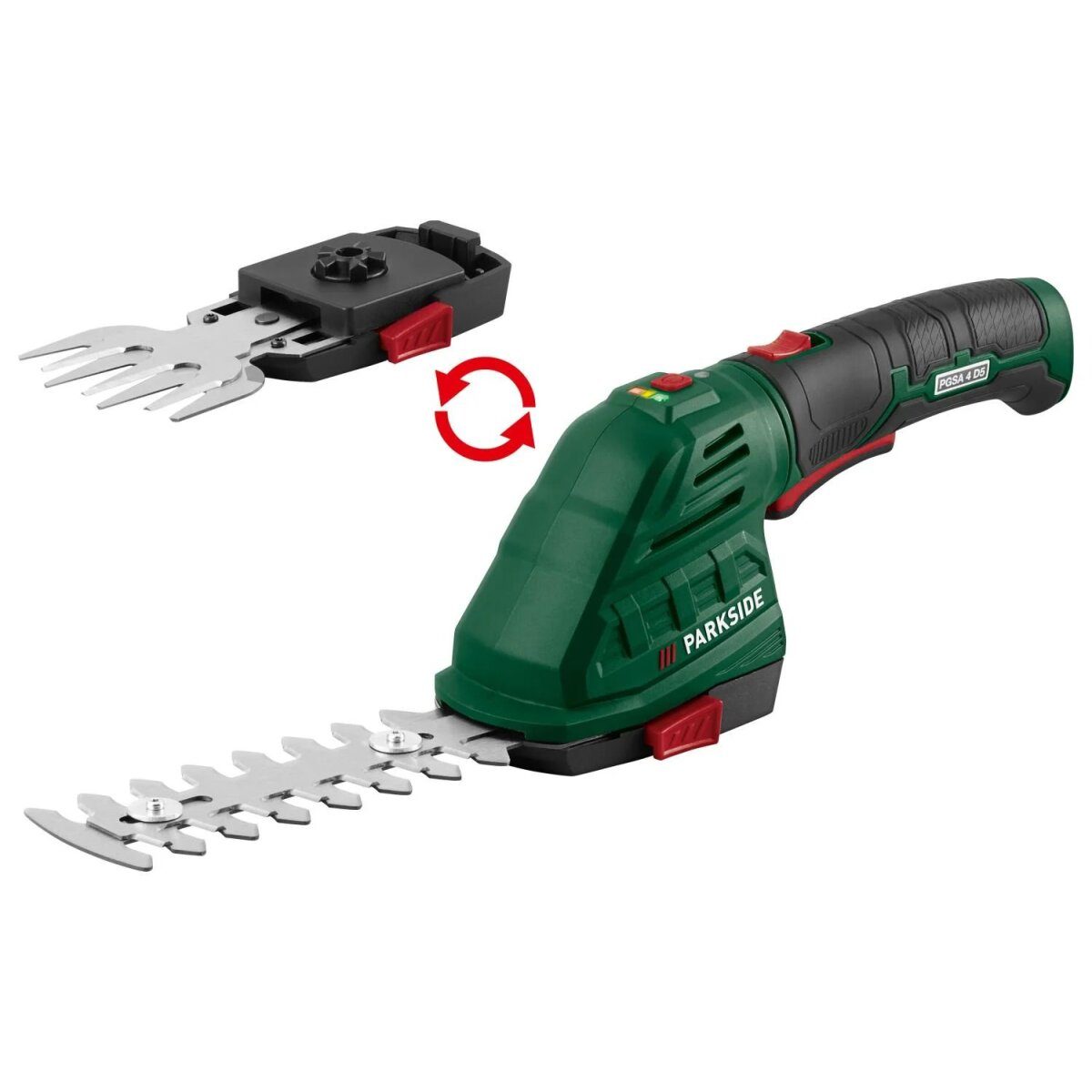 PARKSIDE® 4 V 2-in-1 cordless grass and shrub shears »PGSA 4 D5«, with 180° rotating soft handle