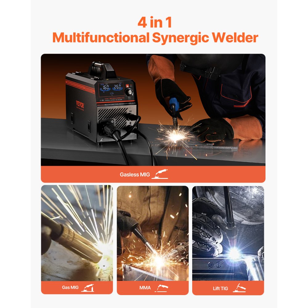MIG-lasapparaat, 160A-lasapparaat, synergisch MIG-lasapparaat, 4-in-1 gas/MIG/MMA/Lift TIG-multiproceslasapparaat met IGBT-invertertechnologie en LCD-scherm