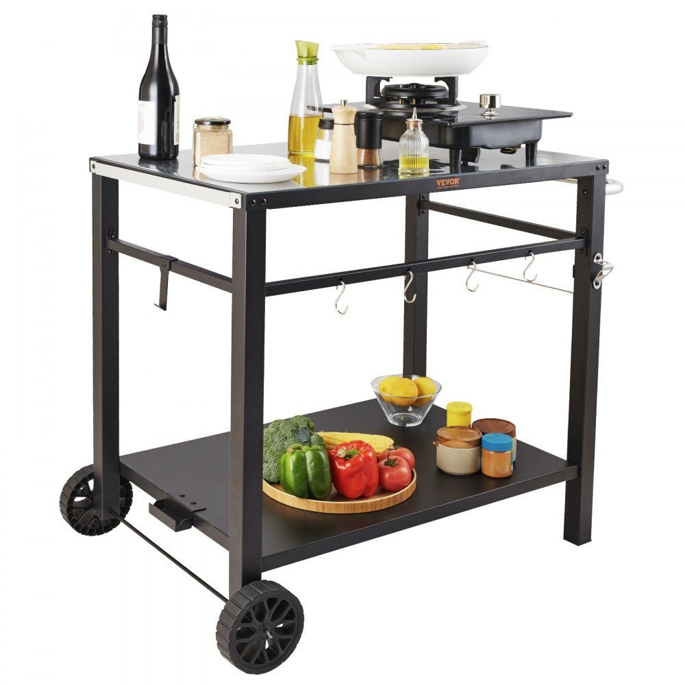 Servierwagen, Küchenwagen, 100 x 64 x 83,5 cm, Outdoor-Grill-Esswagen mit doppelter Ablage, beweglicher Grilltisch für die Zubereitung von Speisen, multifunktionale Tischplatte aus schwarzem Eisen