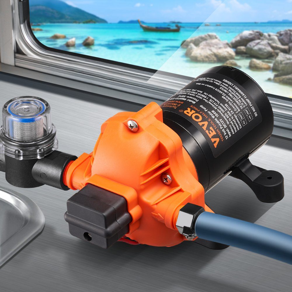 12-V-Membranpumpe, 13,25 l/min, 3-Kammer-Gleichstrom-Wasserpumpe mit automatischem Druckschalter, 40–100 PSI, verstellbar, 50 PSI, 1/2 Zoll MNPT-Anschluss für Wohnmobil, Yacht, Food Truck, Camper, Marine