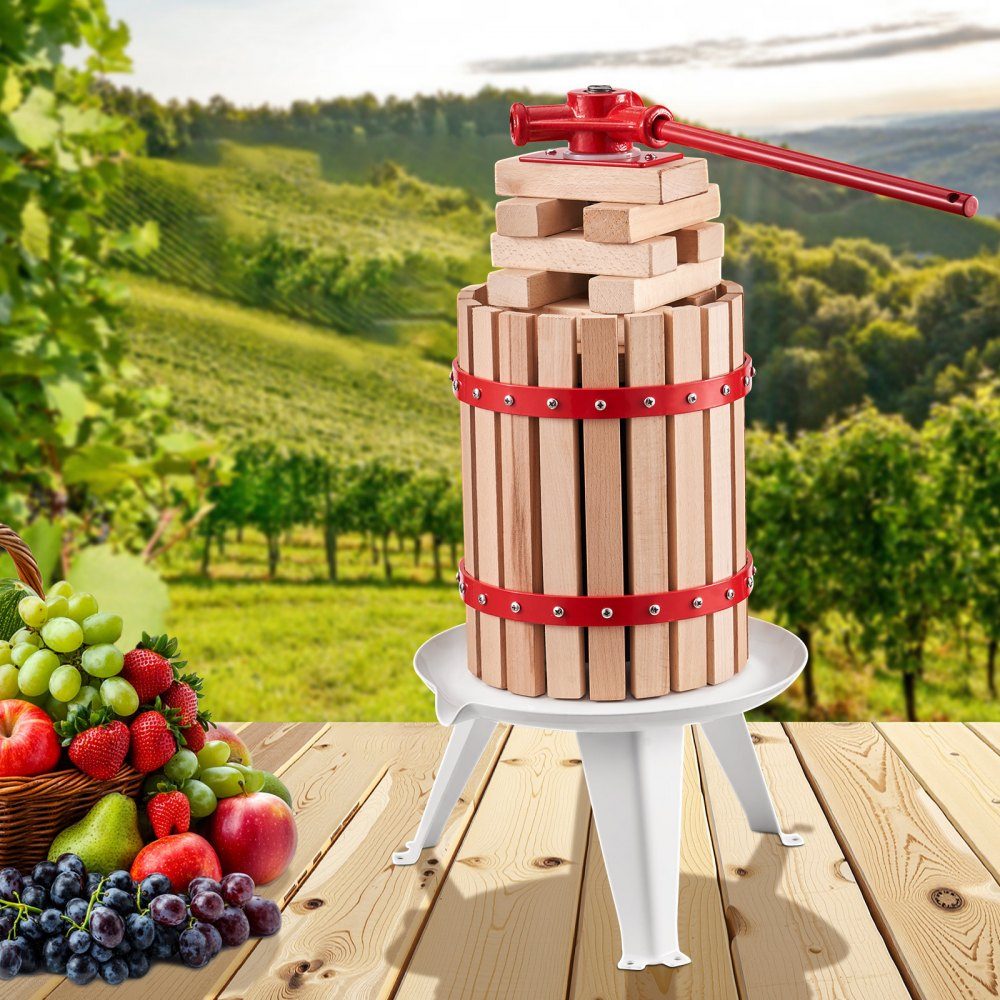 Presse-agrumes à fruits, broyeur de fruits (6L), avec panier en bois massif avec 8 blocs, presse-agrumes manuel robuste, presse-cidre, presse-pommes, presse-raisin, presse-huile d'olive avec poignée, presse-agrumes pour la cuisine