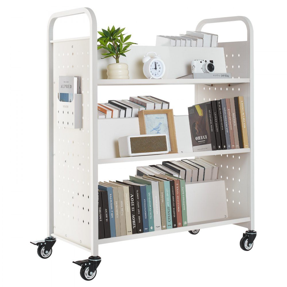 Book Trolley 150kg Load Capacity Library Trolley 97 x 51.5 x 122.5cm Double Sided W Shaped Bookshelf with Double Brake Wheels Bookshelf Trolley for Living Room Office School White