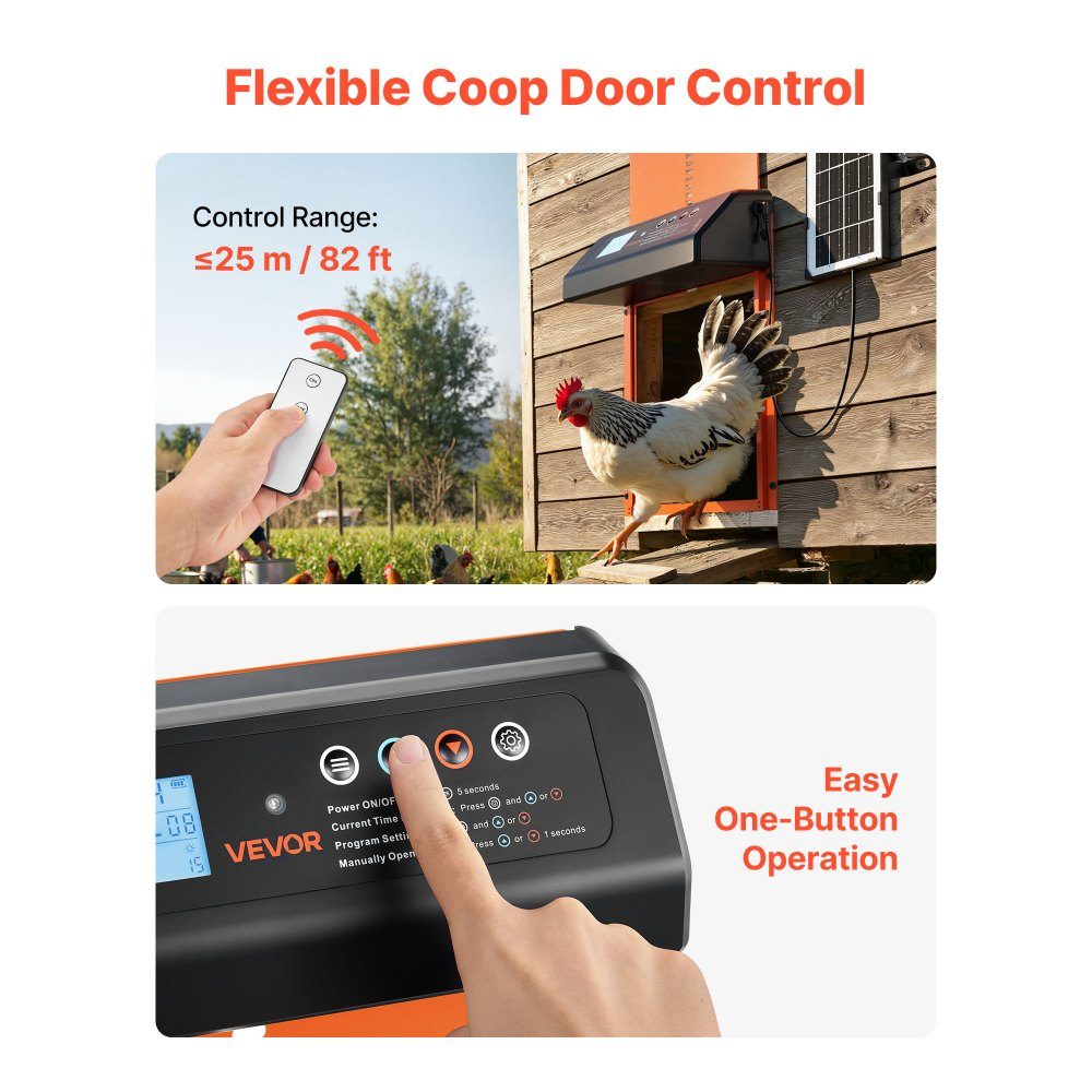 Chicken Flap, Solar and Battery Powered Chicken Door with LCD Display, Remote Control, Light Sensor and Timer, Anti-Pinch, Aluminum Alloy Chicken Coop Door, 350 x 250 x 73mm, Orange