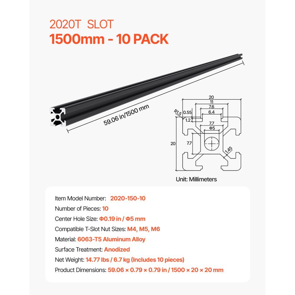 10 szt. Profil aluminiowy 1500 mm rowek T 2020 profil wytłaczany z aluminium Norma europejska Anodowany profil rowka liniowego do drukarki 3D Maszyna CNC DIY Grawerowanie laserowe Czarny