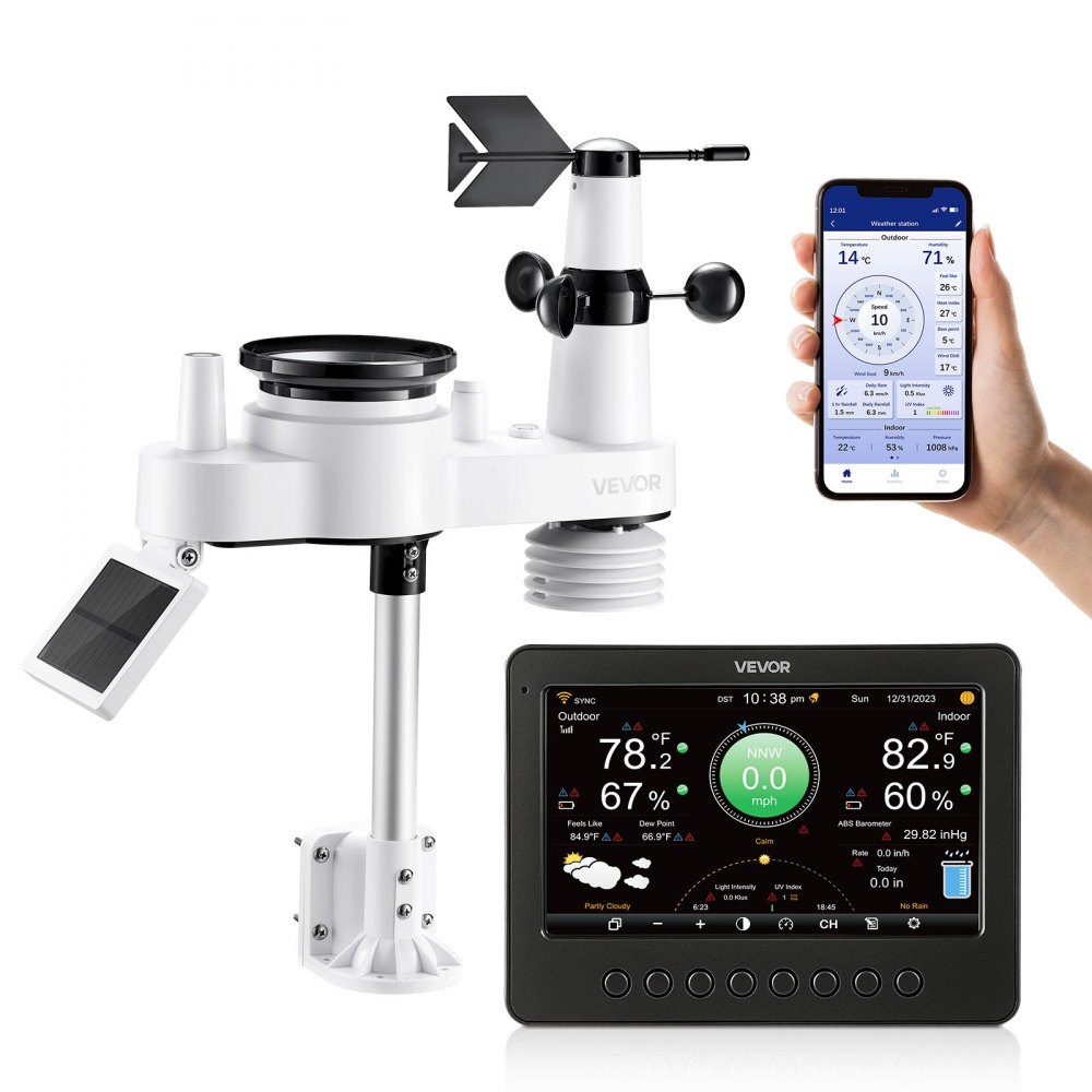 Station météo WiFi 7 en 1, écran TFT 7 pouces, capteur extérieur à énergie solaire, centre météo pour prévisions météorologiques, vitesse du vent, direction du vent, température, humidité, précipitations