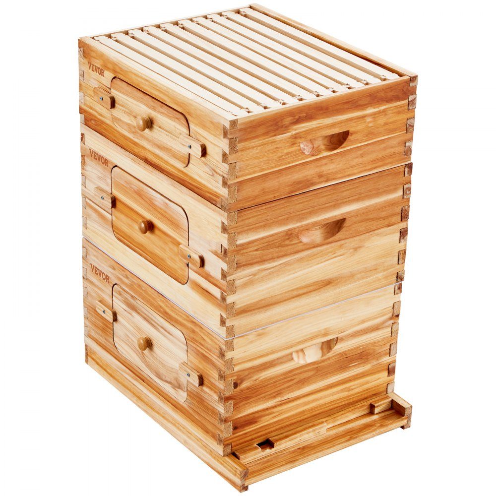 Beehive, Zander Beehive for 30 Frames, Beeswax Coated Wood, 2 Deep + 1 Medium Bee Box, Langstroth Beehive Set, Clear Acrylic Windows with Foundations