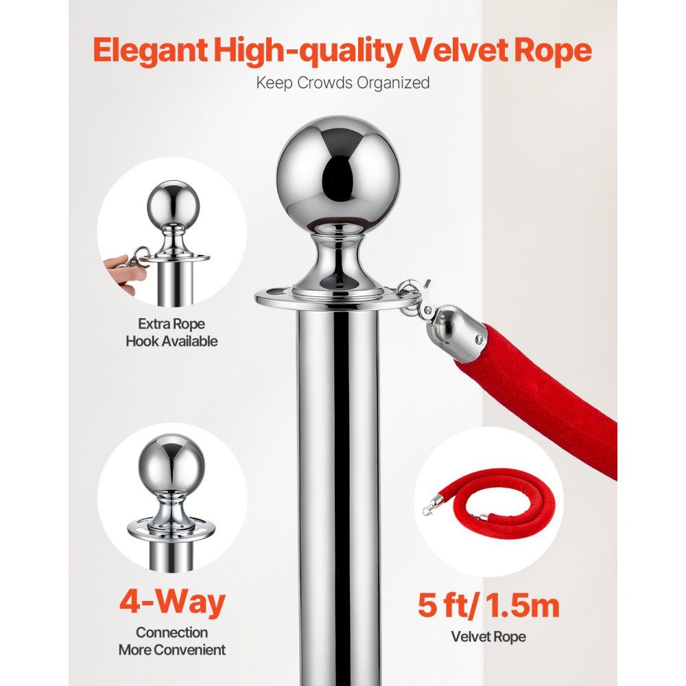 Afzetpalen (8 stuks) voor crowd control met 4 roodfluwelen touwen (1,5 m lang), slagboomstandaard van roestvrij staal met hervulbare voet voor tentoonstellingen, zilver