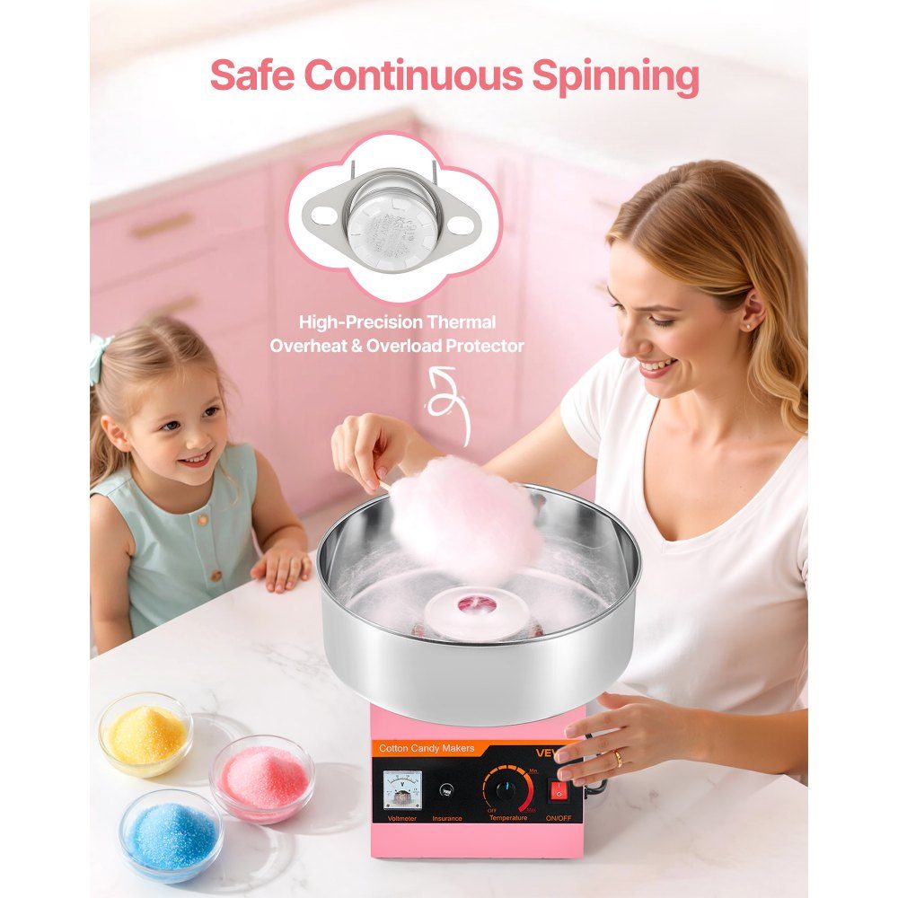 Machine à barbe à papa, machine à barbe à papa électrique 1000 W avec bol en acier inoxydable de 38 cm et cuillère à bonbons, fait de la barbe à papa pour les anniversaires à la maison, les réunions de famille, 3500 tr/min, rose – Réf. HT-23903